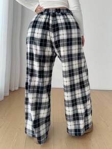 Flirla Women's Warm Plaid Print Fluffy Elastic Waist Drawstring Wide Leg Pants - Black and White - View 2