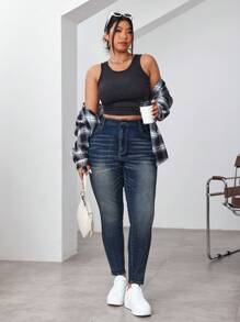 SHEIN EZwear 大码复古水洗修身牛仔裤 - 藍色 - 查看 5