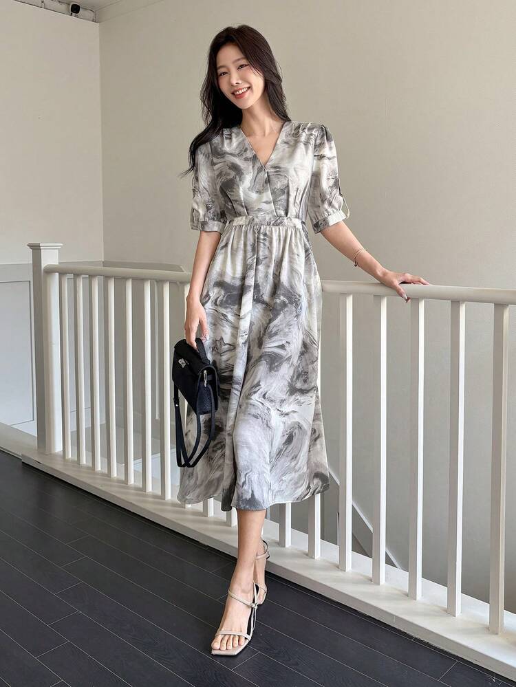 Elegant V-Neck Ink Painting Waisted Long Dress For Women Sundress