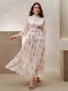 Anewsta Women's Dress With Waist Ruched Chiffon Floral Print, Elegant Style Suitable For Beach, Spring Outfits - Pink - View 2