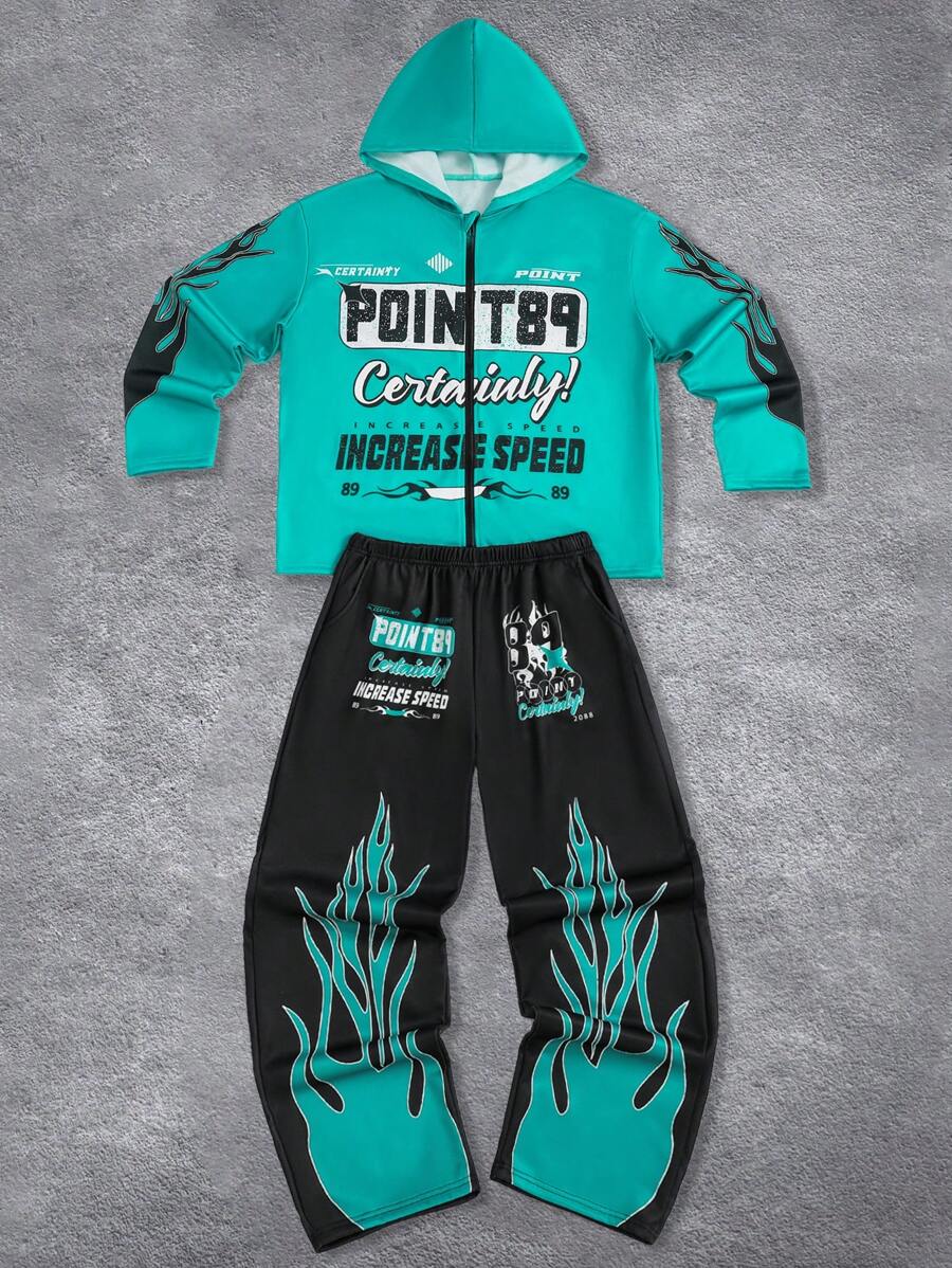 SHEIN Teenage Boy Casual Cool Comfy Long Sleeve Hoodie & Pants Set - Multicolor - View 1