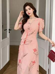 DAZY V-Neck Floral Print Puff Sleeve Pleated Ruffle Hem Mid-Length Dress For Women Sundress,Casual Women Dresses Easter - Pink - View 4