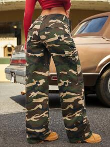 SHEIN ICON Jeans pattes d'éléphant à taille basse lavés motif camouflage pour femmes