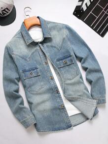 Manfinity LEGND Plus Size Men's Front Button Long Sleeve Pocket Simple Casual Denim Shirt
