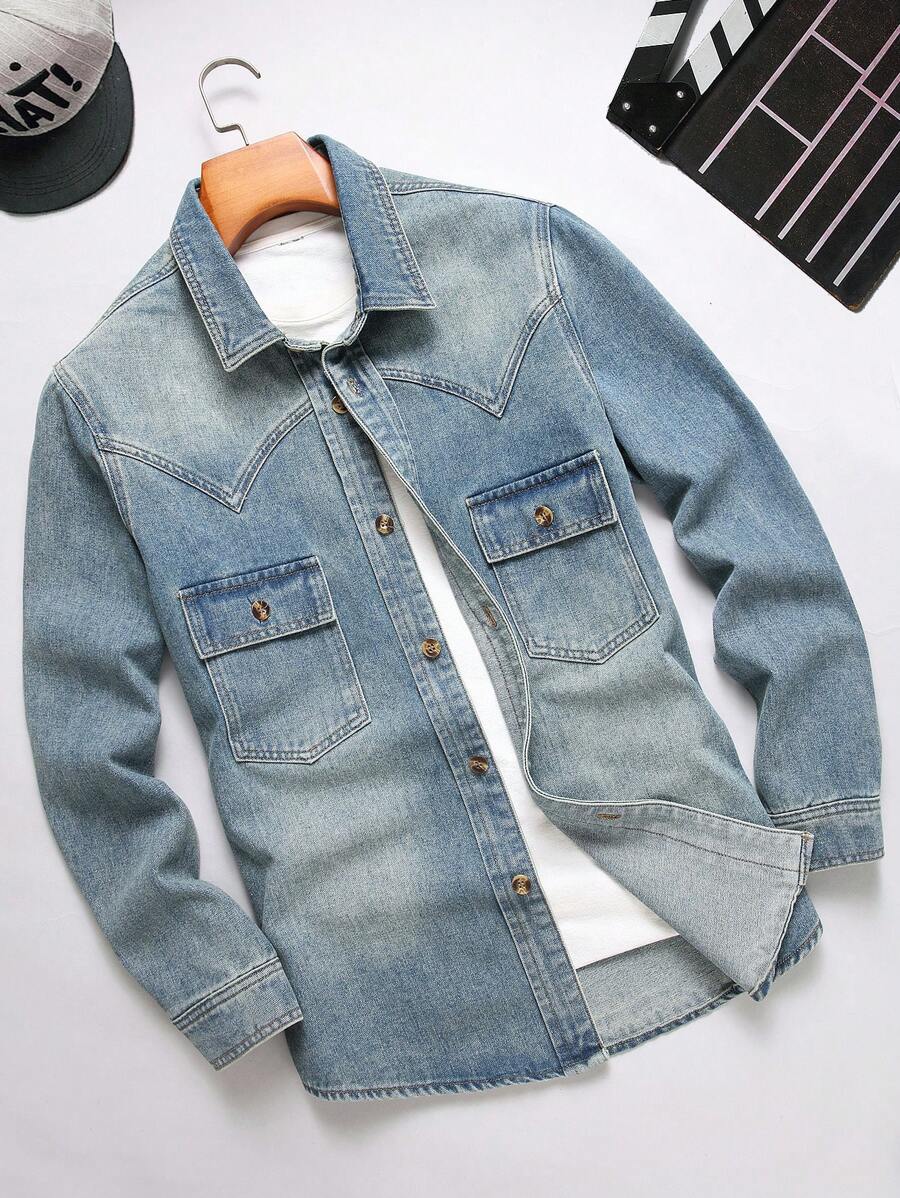Manfinity LEGND Plus Size Men's Front Button Long Sleeve Pocket Simple Casual Denim Shirt