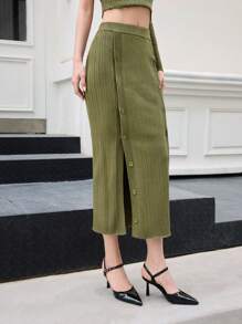 BizChic Women's Green Button Slit Knitted Sweater Skirt, Elegant Holiday Romantic Commute, Date Suitable, Spring/Summer - Army Green - View 6