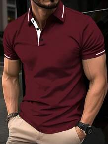 Manfinity Homme Men's Casual Plain Short Sleeve POLO Shirt, Fashionable Everyday Wear - Burgundy - View 1