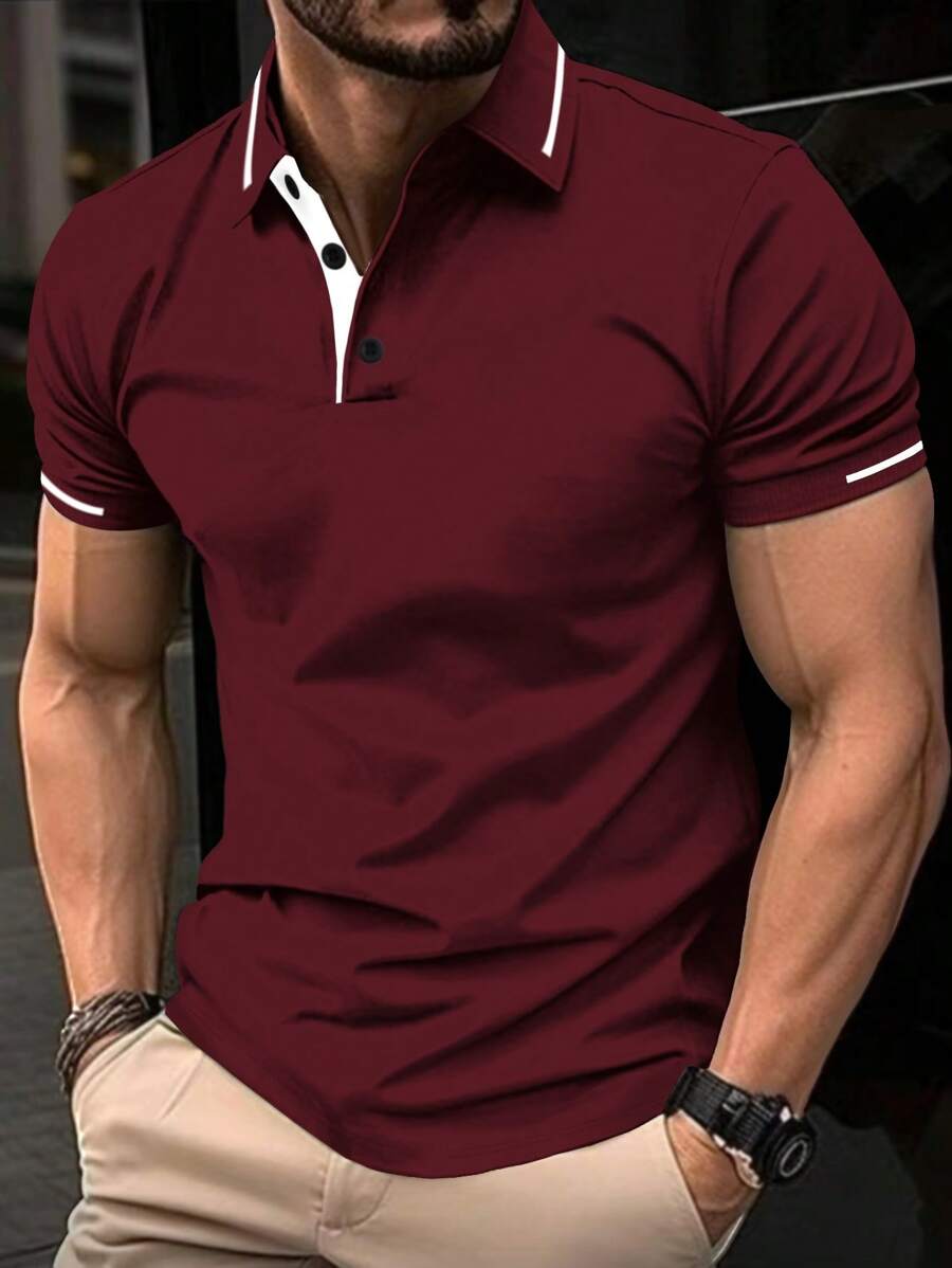 Manfinity Homme Men's Casual Plain Short Sleeve POLO Shirt, Fashionable Everyday Wear - Burgundy - View 1