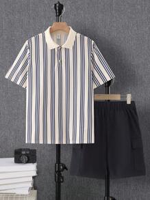 SHEIN Leap Crew 青少年男孩条纹度假海边 Polo 衫和工装短裤套装，休闲、学校、旅行、运动、度假、节日正式派对，舒适时尚 - 彩色 - 查看 1
