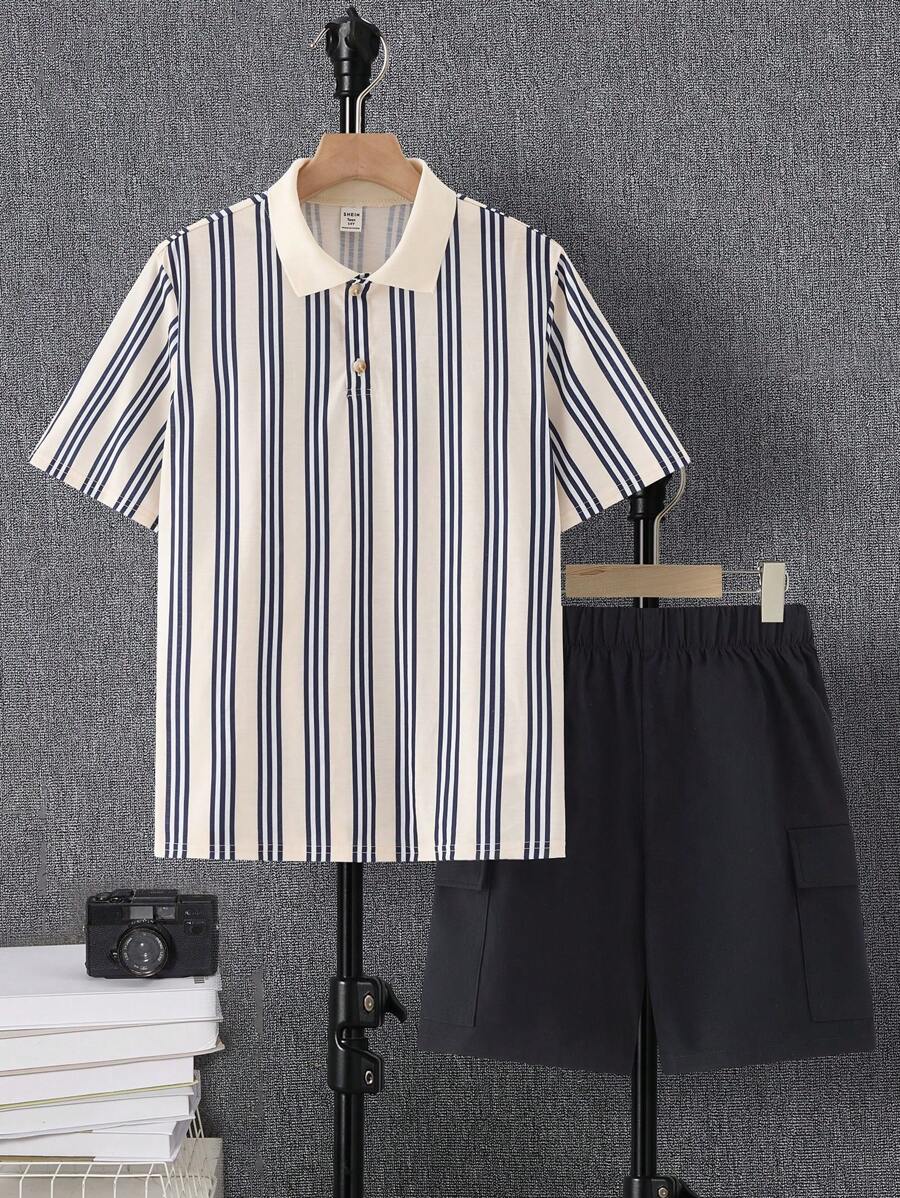 SHEIN Leap Crew 青少年男孩条纹度假海边 Polo 衫和工装短裤套装，休闲、学校、旅行、运动、度假、节日正式派对，舒适时尚 - 彩色 - 查看 1
