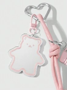 ROMWE Kawaii 1pc Cute & Adorned Pink Mini Comb With Bear Design, Glass Mirror, Pink Leather Cord, DIY Heart Shaped Keychain, Suitable For Girls & Women As Everyday Accessory Or Gift - Pink - View 8