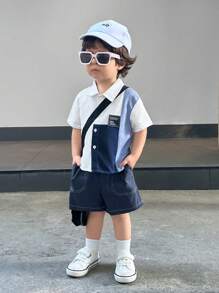 SHEIN Leap Crew 2 件套婴儿夏季休闲简约拼接短袖衬衫和松紧腰短裤套装，适合男婴和女婴 - 藍色 - 查看 4