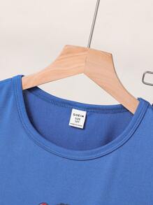 2 件套男童格子北极熊印花短袖 T 恤和裤子睡衣，时尚舒适