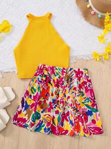 SHEIN 2件套青少年女孩休闲针织背心和碎花印花百褶裙套装 - 黃色 - 查看 2