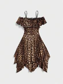ROMWE Vestido de mujer con estampado de leopardo, hombros descubiertos y bajo asimétrico, estilo bohemio, para primavera y verano, Gyaru, atuendo de concentración, atuendo de festival/rave, atuendo de vacaciones de primavera, vestido de verano