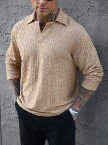 Manfinity Homme Men's Daily Casual Vacation INS Featuring A Khaki Plaid Textured Jacquard Design With A Chic V-Neck. This Includes A Long Sleeve Casual Polo Shirt, Combining Comfort And Style For A Relaxed Look. Fall And Winter Men - Coffee Brown - View 3