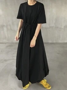 FRIFUL 女式黑色长款泡泡裙，休闲户外夏季太阳裙 - 黑色 - 查看 1