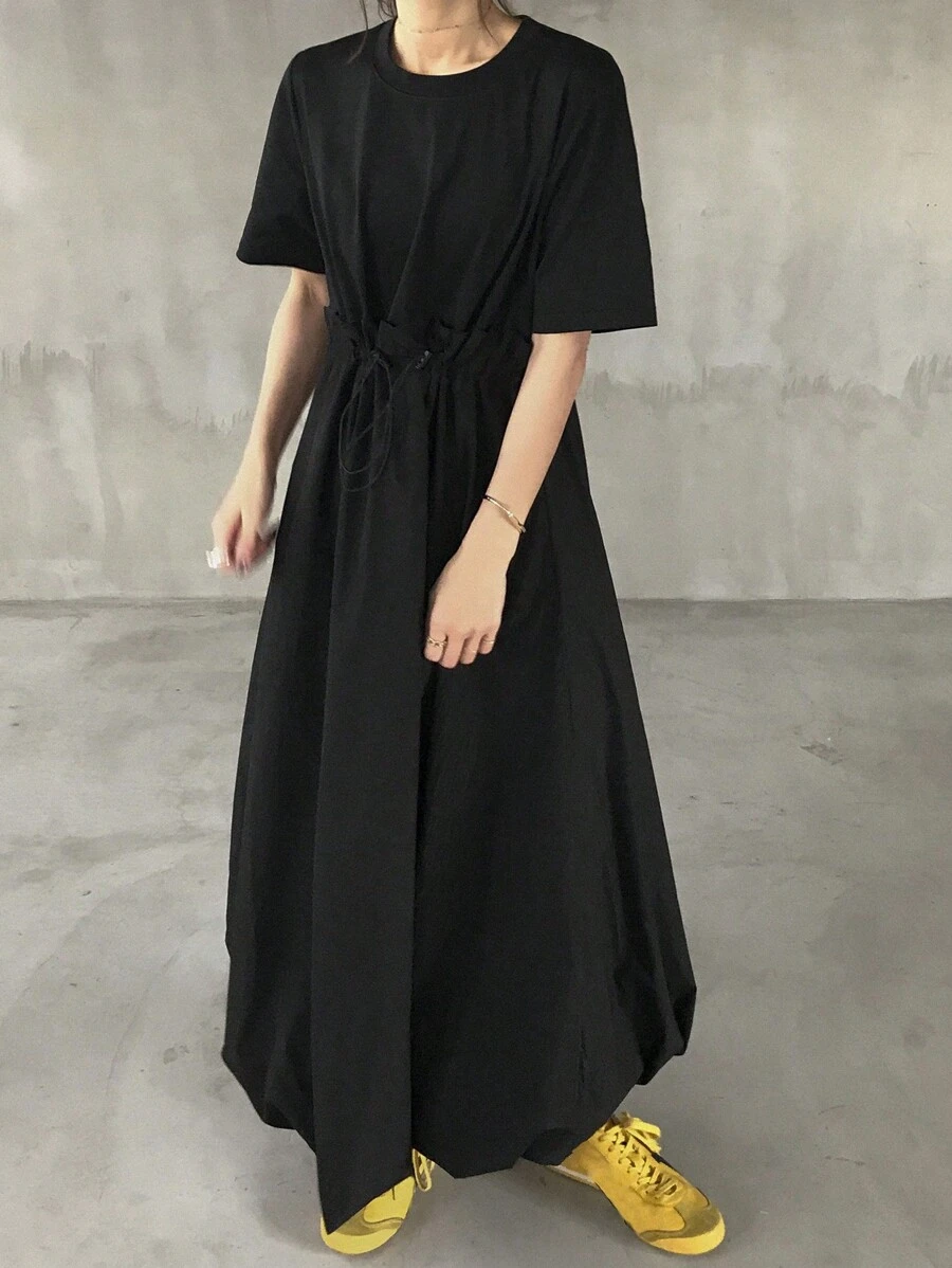 FRIFUL 女式黑色长款泡泡裙，休闲户外夏季太阳裙 - 黑色 - 查看 1