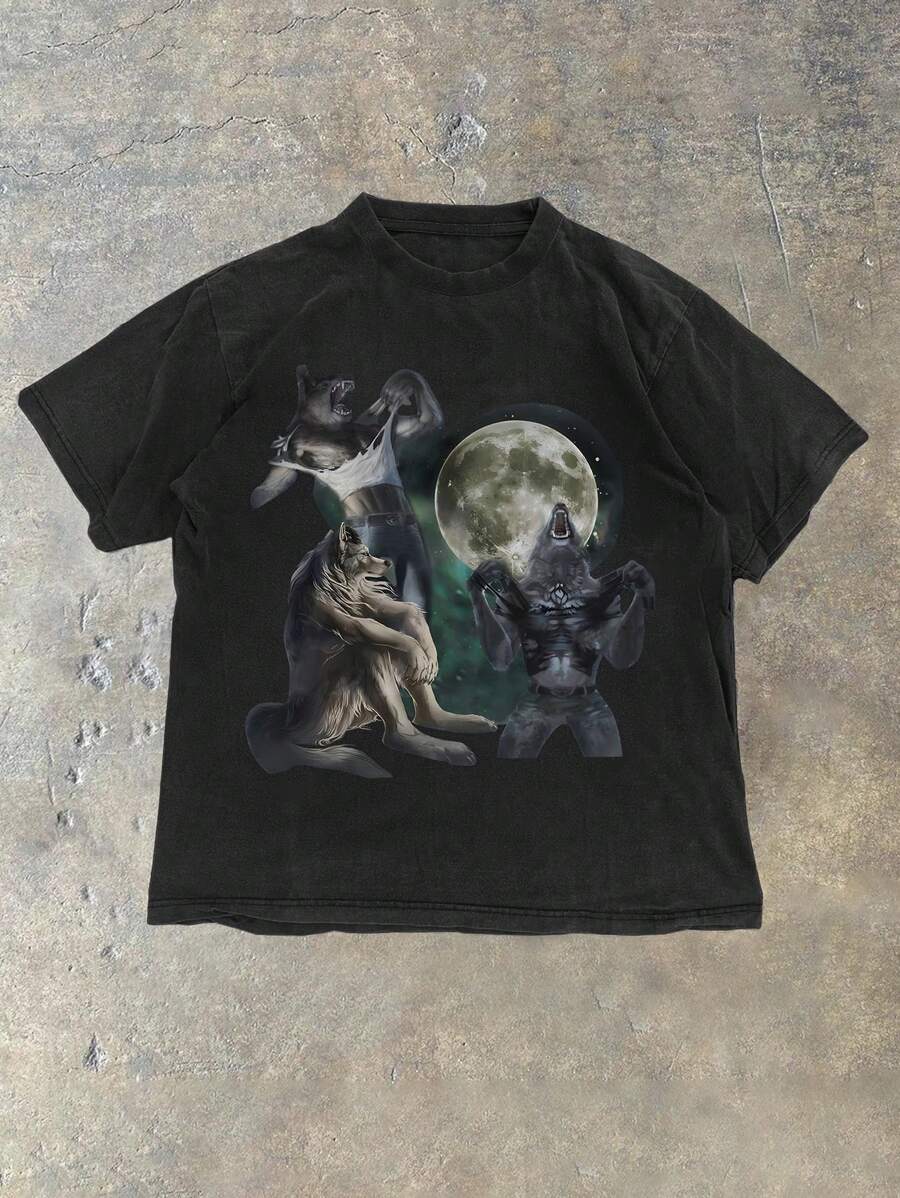 Glimmora 女士休闲狼印花圆领短袖宽松 T 恤