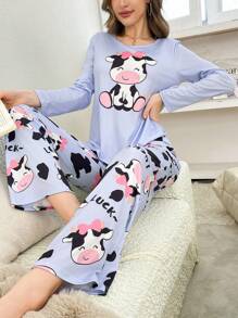 Cute Cartoon Cow Print Women Pajama Set, Fall Winter Clothes - Multicolor - View 4