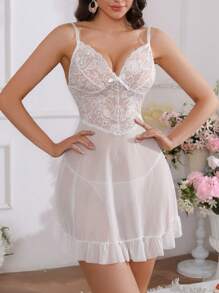 Crystal Vow 2pcs/Set Women's Sexy Lace Contrast Mesh Lingerie Dress + T-Pants (Sexy, Chaste, Sheer, Dress, T-Pants, Wireless) Bridallingerie - White - View 3