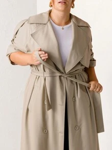 Aralina Curve Khaki Plus Size Waist Tie Trench Coat - Green - View 7
