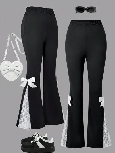 SHEIN ChillGRL Teen Girls' Pants With Side Lace Patchwork & Bow Decor