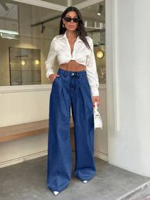 EURMUSE 100% Cotton HIGH WAIST WIDE LEG VINTAGE  JEAN - Medium Wash - View 4