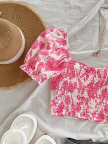 Soleia 女士夏季假期宽松花卉印花泡泡袖荷叶边下摆收腰浪漫休闲衬衫上衣，适合春季、派对、情人节、约会、下午茶 - 彩色 - 查看 7