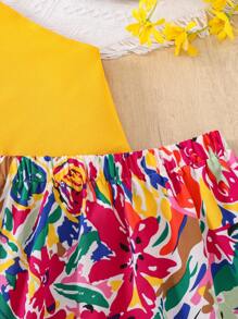 SHEIN 2件套青少年女孩休闲针织背心和碎花印花百褶裙套装 - 黃色 - 查看 3