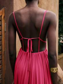 Maija Women's Raspberry Color Summer Vacation Outfit, Modern Bohemian Solid Color Women's Beach Wear, Minimalist Spaghetti Strap Pleated Sleeveless Tropical Holiday Dress, Elegant Women's Dress - Hot Pink - View 7