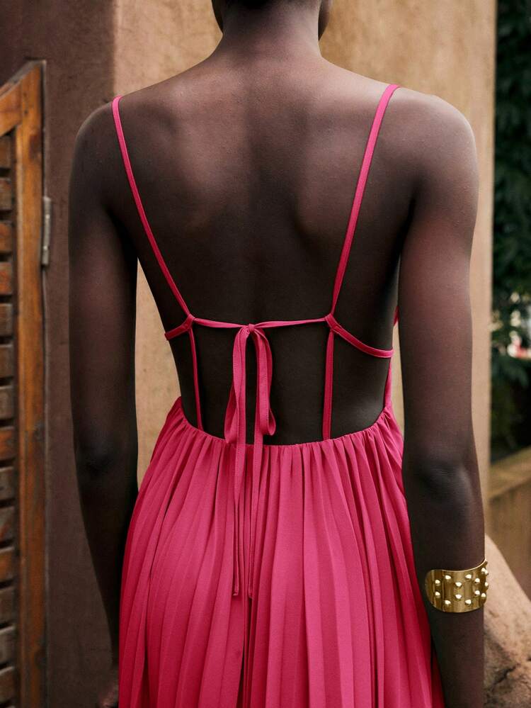 SHEIN Maija Women's Raspberry Color Summer Vacation Outfit Modern Bohemian Solid Color Women's Beach Wear Minimalist Spaghetti Strap Pleated Sleeveless Tropical Holiday Dress, Elegant Women's Vacation Dress  St Patrick's Day Women Easter Summer Outfits Easter Dress Women Party Top Beach Dress Summer Holiday Outfits Each Vacation Outfits For Women  Summer Outfit For Women Going Out Outfits Graduation Graduation Outfit  Casual Dresses  Casual Blouses For Women