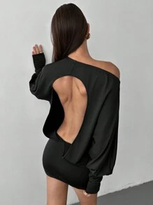 Aloruh Vestido corto ajustado de punto color café con hombro asimétrico y espalda abierta para mujer