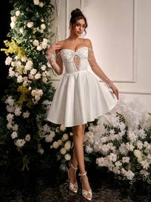 Lovelzi Vestido Elegante e Luxuoso de Cetim Franzido com Manga Longa Transparente e Design com Miçangas, Adequado para Casamento, Festa, Férias, Baile de Formatura, Presente de Noiva, Vestido de Noiva, Vestido de Chá de Panela, Noiva