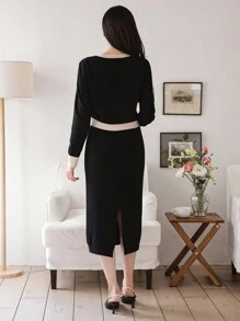 DAZY 2pcs Women Contrast Color Cardigan And Skirt Knitted Sweater Set,Fall Women Clothes - Black - View 2