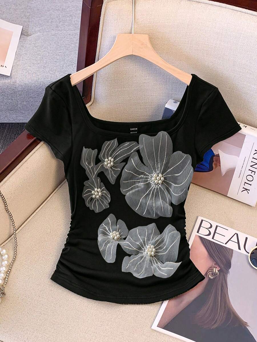 SHEIN Unity 女士纯色 3D 花卉连衣裙,简约时尚休闲日常穿着 - 黑色 - 查看 1