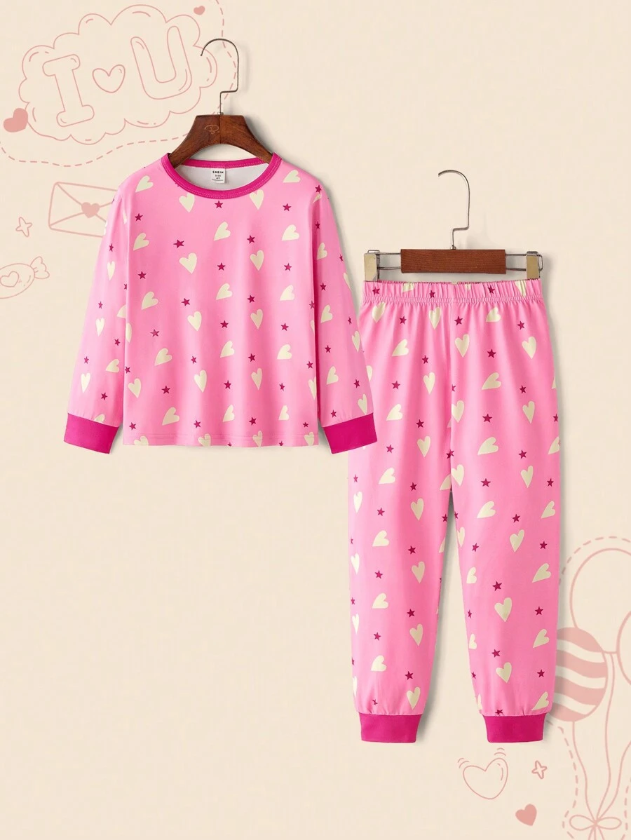 Heart Print Round Neck Long Sleeve Top And Pants Pajama Set For Young Girls - Hot Pink - View 1