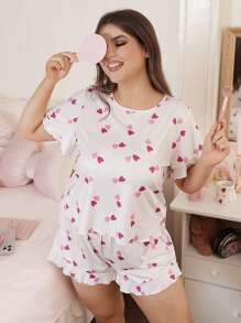 SHEIN Plus Size Heart Print Short Sleeve Shorts Pajama Set - Multicolor - View 4