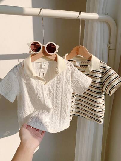SHEIN LMoss Kids 2pcs Baby Boy Casual Summer Striped Short Sleeve Polo Shirts Set, Versatile Suitable For Birthday Party, Party, Performance, Wedding, Lunar New Year, Christening And First Birthday Celebration