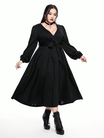 Goth Plus Size Gothic Sexy Deep V Lantern Sleeve Maxi Dress