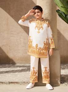 2pcs/Set Tween Boys Stand Collar Long Sleeve Printed Top & Pants Set - White - View 3