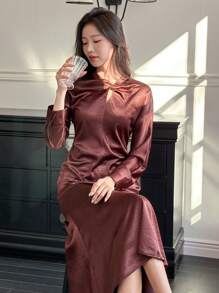 DAZY Elegant Round Neck Ruched Waist Fishtail Dress For Women, Fall Dress Long Sleeve Dress Red Women Dress - Burgundy - View 7