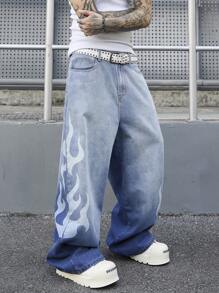 PAVTROS 男式复古浅蓝色破洞牛仔宽松阔腿裤，配涂鸦扎染效果图案 - 淺色水洗藍 - 查看 7