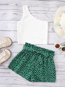 SHEIN Leap Crew Tween 女童针织修身单肩上衣，带花卉装饰和宽松短裤 2 件套，度假/休闲 - 綠色 - 查看 1