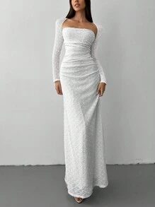 Aloruh Vestido de punto jacquard de cuello cuadrado elegante para mujer, otoño/invierno - Blanco - Ver 4