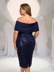 Glamrae Vestido de cóctel midi de corte ajustado con cuello de chale, body con, de color azul marino elegante con bordados y lentejuelas, para invitada a bodas y fiestas, talla grande - Azul Marino - Ver 2