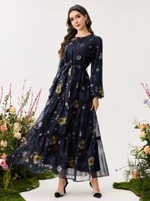 Modelyn 女式花卉印花雪纺系腰长裙，优雅春夏季