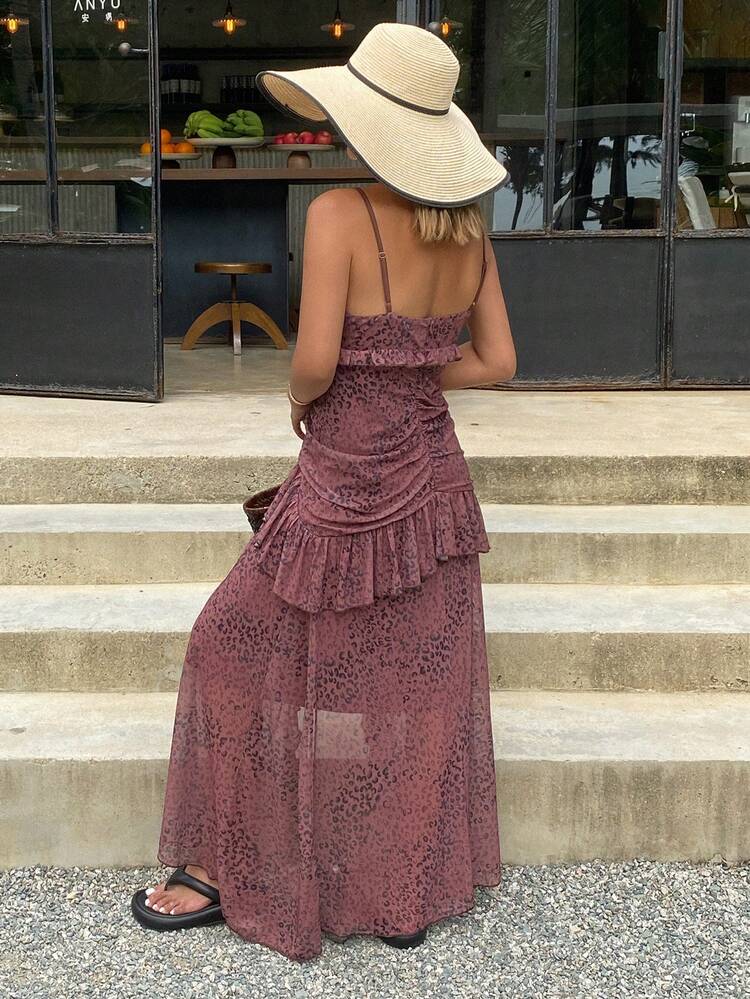 Long Leopard Print Sleeveless Dress With Ruffle Hem And Side Slit Pleated Design, Vacation Summer Dress For Women Party Women Sundress Homecoming Dresses Prom Dress Cruise Outfit For Women