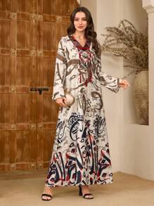 Al Najma Women Embroidered Patchwork Fringe Trim Long Sleeve Arabic Style Dress, Kaftan & Jalabiya - Multicolor - View 7