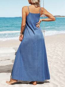 Breezaya Vestido vaquero casual largo y suelto con flecos para mujer - Azul - Ver 2